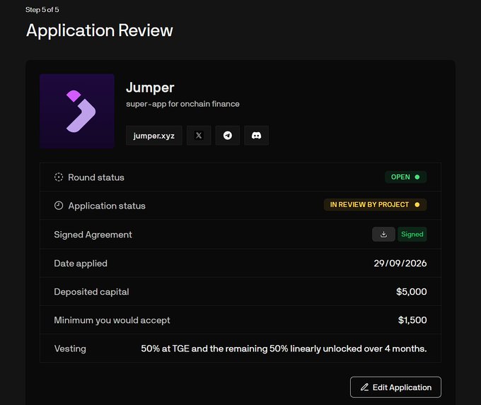 The image shows an "Application Review" page (Step 5 of 5) for Jumper, a "super-app for onchain finance" (jumper.xyz), displaying a $5,000 deposited capital application that is currently "IN REVIEW BY PROJECT" with an OPEN round status. This corresponds to the post's narrative about depositing $5,000 into Jumper's new coin slot and seeking approval with more allocation.