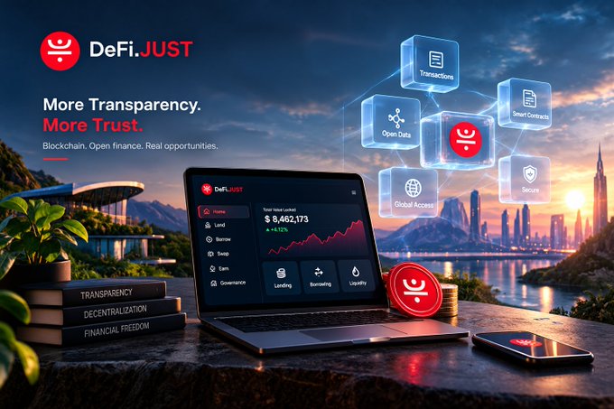 DeFi.JUST promotional banner featuring a laptop displaying a DeFi dashboard with Total Value Locked of $8,462,173 and a 14.62% increase, alongside floating icons for Transactions, Open Data, Smart Contracts, Global Access, and Security, with books labeled 'Transparency', 'Decentralization', and 'Financial Freedom'.