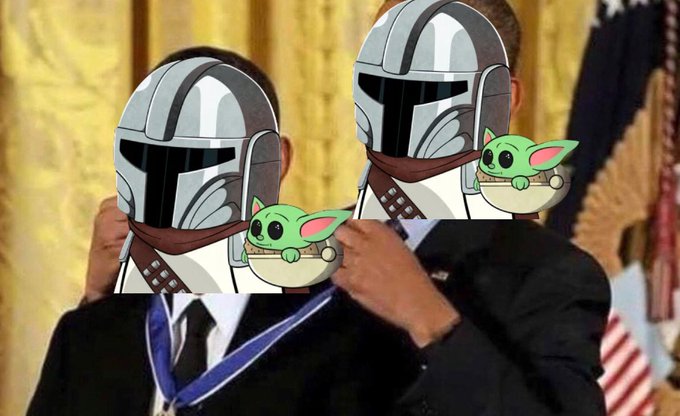 The image shows a man in a suit having a medal placed around his neck, with his face humorously replaced by cartoonish Mandalorian helmets (with Baby Yoda/Grogu peeking out) from Star Wars. The meme references the post about a "Somnia founder" winning his own trading competition, suggesting the meme is mocking the founder by portraying him as a bounty hunter collecting his own prize in a topsy-turvy "cycle."

Key text visible: "Somnia founder" (referenced in caption, no visible text in image itself).