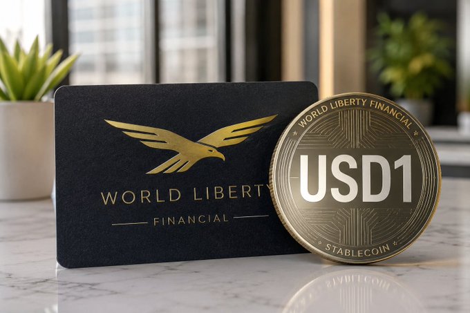 A black card with a gold eagle logo and 'WORLD LIBERTY FINANCIAL' text sits next to a gold coin labeled 'USD1 STABLECOIN' on a marble surface.