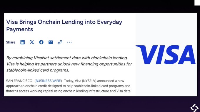 A Business Wire press release titled "Visa Brings Onchain Lending into Everyday Payments" displayed alongside the Visa logo, reporting that Visa (NYSE: V) announced a new onchain credit model combining VisaNet settlement data with blockchain lending to provide working capital for stablecoin-linked card programs and fintechs.