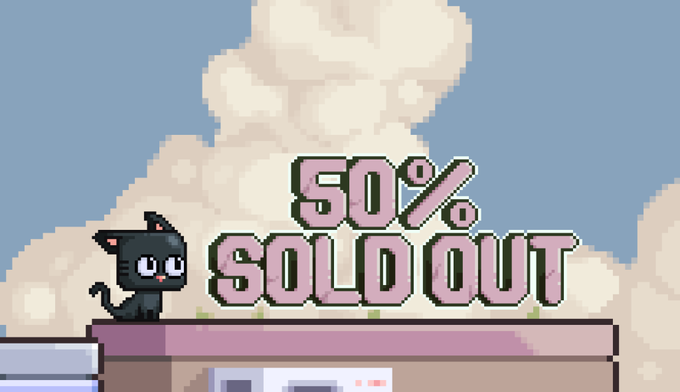A pixel-art image shows a small black cat mascot beside bold text reading "50% SOLD OUT," announcing that half of the Kuantom NFT supply has been minted, matching the post's milestone update.