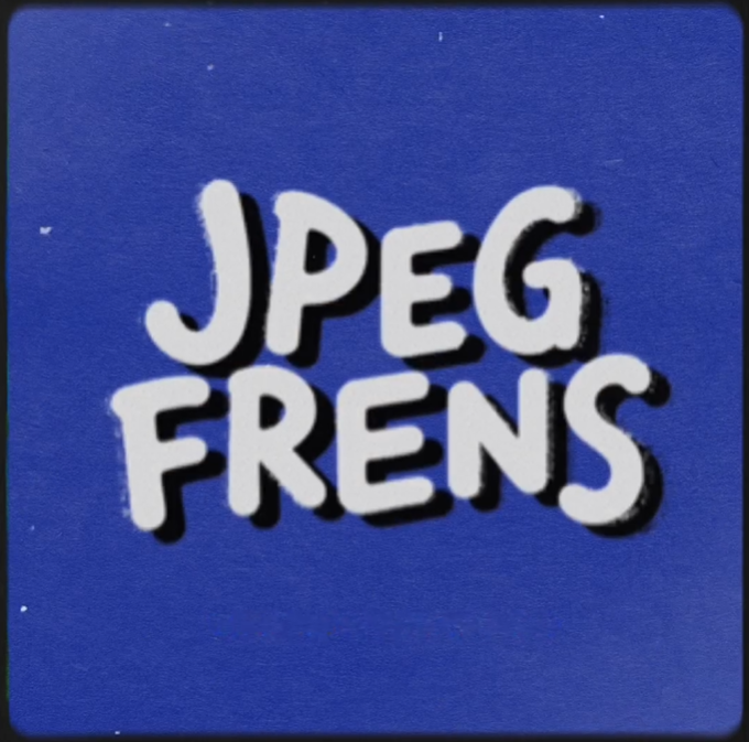 A blue square image featuring the text 'JPEG FRENS' in a bubbly white font.