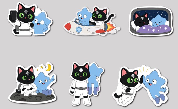 A collection of cartoon stickers featuring a black cat character and a small blue ghost-like figure in various scenarios including a selfie, rocket ship, sleeping in a box, sitting on the moon, and other playful poses.