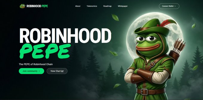 The Robinhood Pepe website homepage featuring a Pepe the Frog dressed as Robin Hood with a green hat and feather, quiver of arrows, against a forest and moon backdrop, with 'Join community' and 'View Chart' buttons.