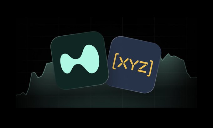 Two crypto token logos (a green one and a blue one with [XYZ]) shown against a dark background with a faint chart line.