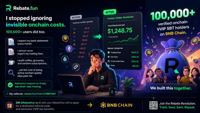A promotional graphic for Rebate.fun highlighting how 100,000+ users reclaimed onchain costs, earning $1,248.75 with before/after tracking screenshots and VIP SBT holders on BNB Chain.