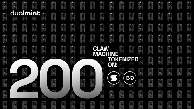 A promotional graphic for DualMint featuring the text 'CLAW MACHINE TOKENIZED ON:' with Solana and Sui logos, alongside a large silver '200', set against a repeating pattern of claw machine icons.