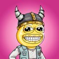 A cartoon emoji-style character with a yellow face, horns, and a horned helmet, wearing a backpack against a bright pink background.