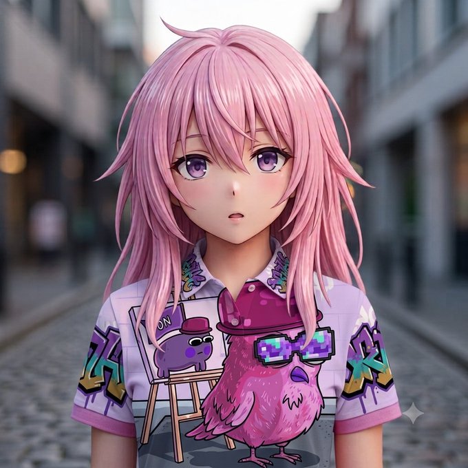 An anime-style 3D render of a girl with long pink hair and purple eyes, wearing a colorful pink t-shirt featuring a pixelated bird with sunglasses and graffiti-style designs, standing on a blurred cobblestone street.