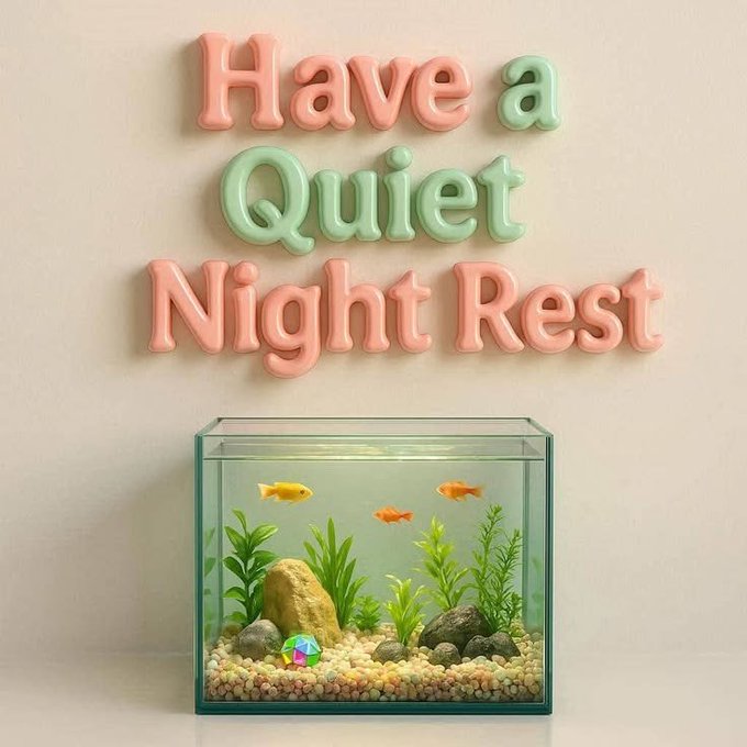 A 3D-rendered image showing pastel pink and green balloon-style text reading 'Have a Quiet Night Rest' above a small fish tank containing goldfish, plants, and rocks.