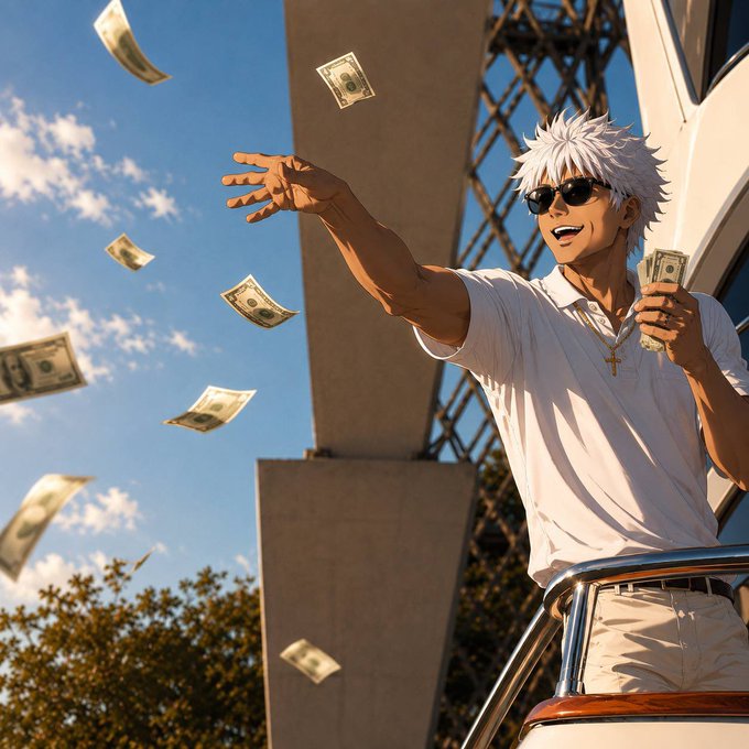 An anime-style illustration depicts a character resembling Gojo Satoru with white hair and sunglasses, joyfully throwing dollar bills into the air from a luxury yacht.