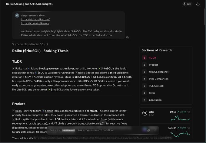 The image shows a dark-themed deep research tool interface displaying an analysis of "Raiku ($rkuSOL) - Staking Thesis" with sections including TL;DR, Product, and other research categories, alongside a Jito token price tracker showing $0.58 (+2.14% 1d) and $75.34 (+9.00% 1d). 

This relates to the creator's workflow post by illustrating the output of their research phase, where they used AI-powered deep research to gather insights about Raiku staking and $rkuSOL before writing their own original article.