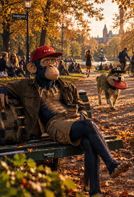 A CGI scene shows a monkey wearing a red "BRAZIL" cap sitting on a Vondelpark bench holding a coffee cup, with a dog carrying a frisbee in the background.