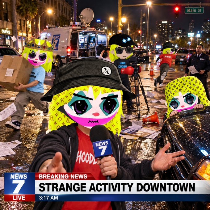 A surreal AI-generated image showing a news reporter with a cartoonish mask holding a 'NEWS 7' microphone, with the chyron reading 'BREAKING NEWS: STRANGE ACTIVITY DOWNTOWN' at 3:17 AM.