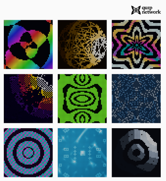 A grid of nine colorful, pixelated abstract NFT-style digital artworks displayed under the 'quyp network' logo, featuring various geometric patterns, mosaics, and psychedelic designs.