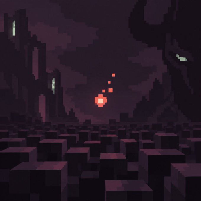 A dark pixel art scene featuring a red glowing orb floating over a vast grid of shadowy cubes, with ominous silhouettes of giant creatures in the background.