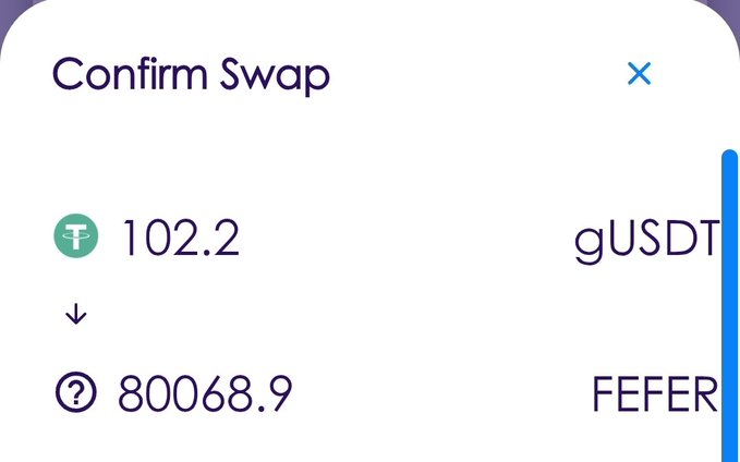 A mobile app screen displays a 'Confirm Swap' transaction for swapping 102.2 gUSDT for 80068.9 FEFER.