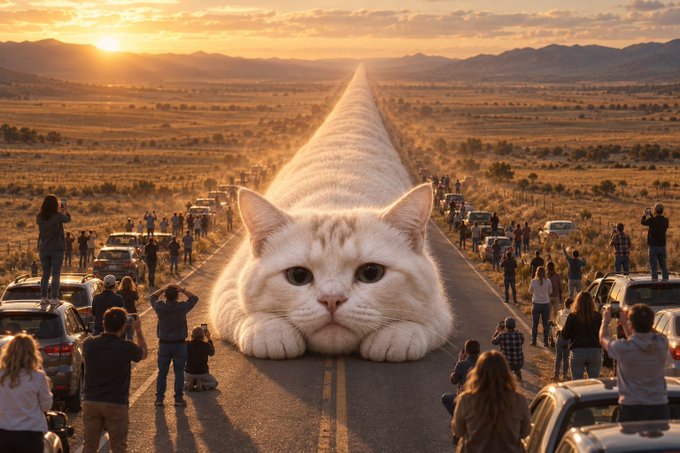 A surreal scene of a colossal white cat lying across a desert highway at sunset, surrounded by crowds of people and stopped cars taking photographs.