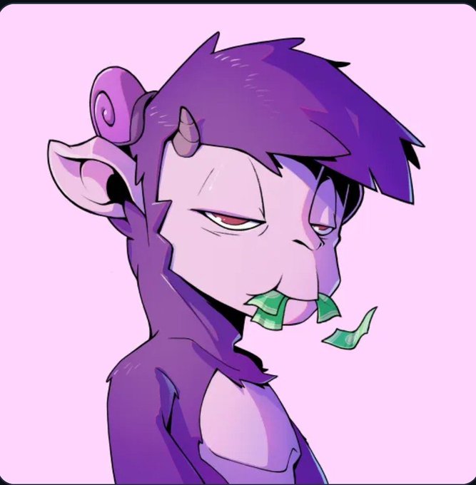 A digital illustration of a purple-haired anime character with red eyes, pointed elf-like ears, a small horn, and holding green currency notes in their mouth against a pink background.