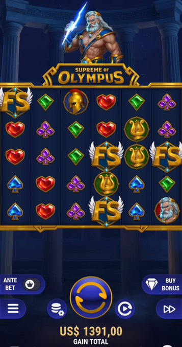 A screenshot of the "Supreme of Olympus" slot game showing a win with a "GAIN TOTAL" of "US$ 1391,00," matching the user's excitement about winning $1,391 on the game.