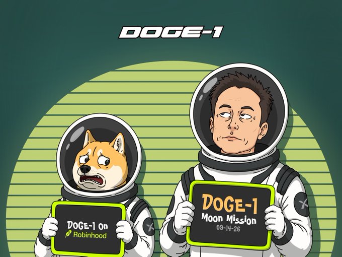 A cartoon illustration titled 'DOGE-1' showing Elon Musk and a Shiba Inu dog in astronaut suits holding signs reading 'DOGE-1 On Robinhood' and 'DOGE-1 Moon Mission 09-14-26'.