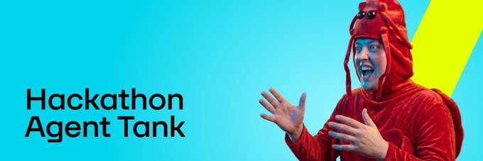 A banner with cyan background and yellow accent reading 'Hackathon Agent Tank' beside a person in a red crab costume with an excited expression and outstretched hands.