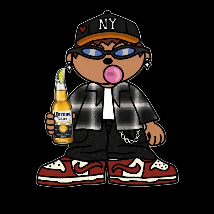 A cartoon character wearing a 'NY' cap, sunglasses, and a plaid shirt holds a Corona Extra bottle and blows a pink bubblegum bubble.