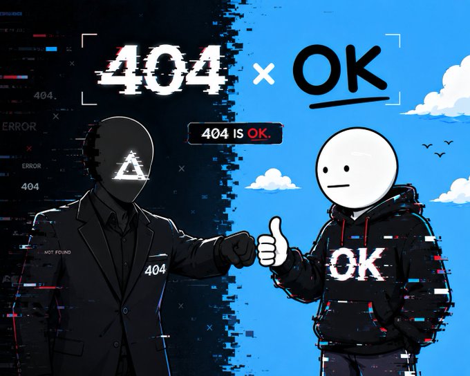 A glitchy split-screen image shows a shadowy faceless figure in a suit labeled "404" on the left fist-bumping a white-faced character in a hoodie labeled "OK" on the right, with "404 x OK" and "404 IS OK." displayed at the top—visually representing the collaboration between the 404s Ethereum project and the OK community for their free mint and 40 GTD raffle spots.