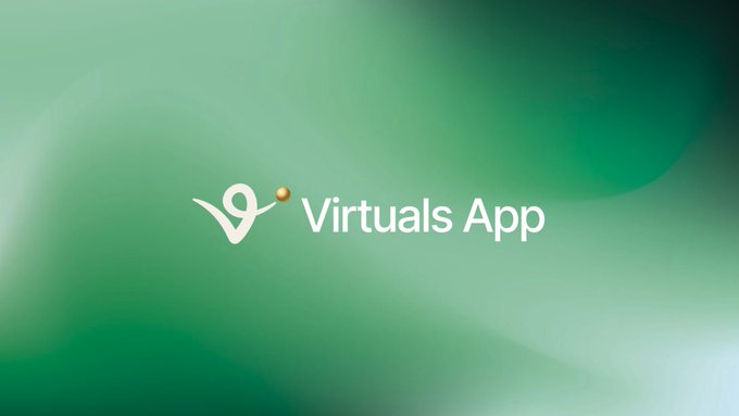 Branding graphic displaying the 'Virtuals App' logo with a stylized white 'V' symbol on a smooth green gradient background.