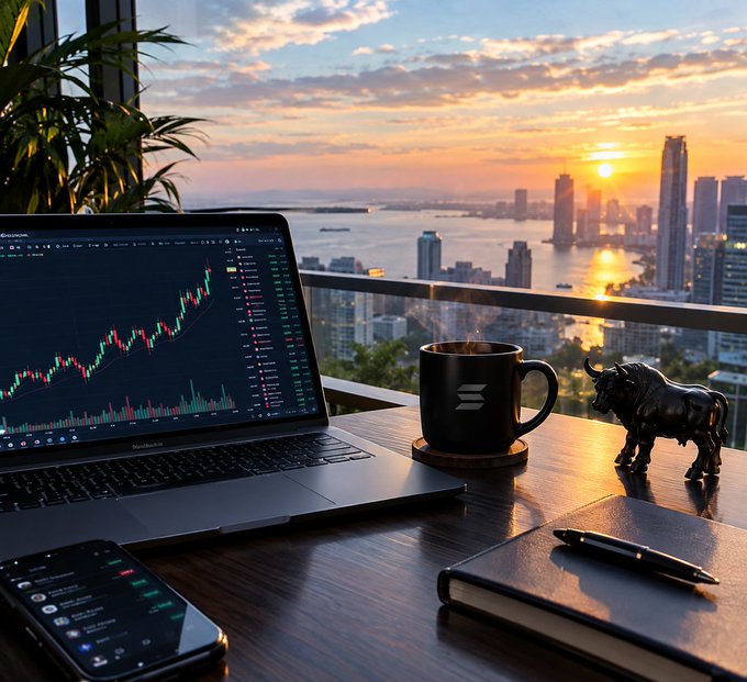 A laptop displaying a stock/crypto trading chart sits on a desk next to a coffee mug and a black bull figurine, with a smartphone and notebook nearby, overlooking a cityscape at sunset.