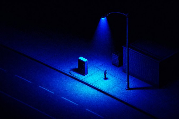 A moody, blue-toned night scene of a lone figure standing under a streetlight on an empty sidewalk next to a dark building.