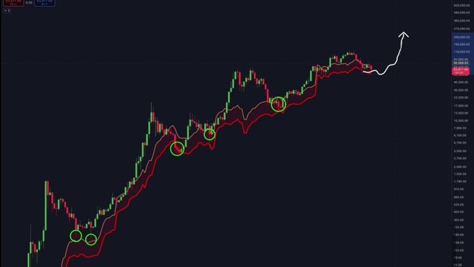 The image shows a Bitcoin (BTC) candlestick chart with a long-term uptrend, featuring green circles highlighting key support/bottom zones and a white arrow pointing upward to emphasize bullish momentum—visually reinforcing the post's claim of BTC's bottoming process being complete and projecting continued upward movement.