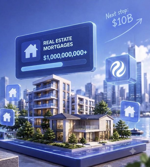 A 3D promotional graphic shows a modern residential building surrounded by floating blue house icons, with text reading 'REAL ESTATE MORTGAGES $1,000,000,000+' and 'Next stop: $10B'.
