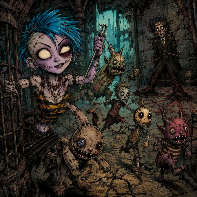 A dark, gothic horror illustration features a stitched-up doll-like character with blue hair holding a syringe surrounded by grotesque zombie toys in a decaying dungeon setting.