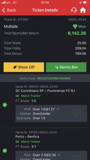 A mobile screenshot shows a winning SportsBet ticket (ID: 272359) with a total stake of 25.56 yielding a return of 6,142.26, featuring successful picks on SC Corinthians SP vs Fluminense FC RJ and Porto vs Benfica matches. The post laments missing out on a larger payout, wishing they had staked more—likely the 500 mentioned—on what turned out to be a highly successful multi-match bet.