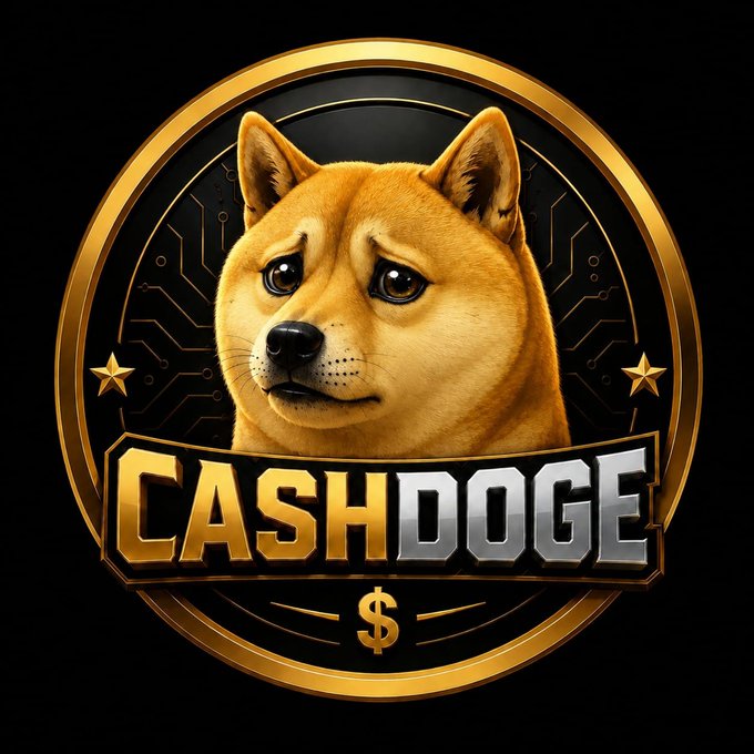 A logo for 'CASHDOGE' featuring a Shiba Inu dog's face inside a gold circular emblem with a dollar sign below.