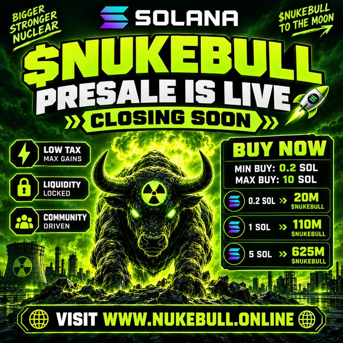 A green-tinted promotional graphic for the $NUKEBULL Solana presale, featuring a glowing-eyed bull with a nuclear symbol emerging from a radioactive cityscape, advertising tiered purchases of 20M, 110M, and 625M $NUKEBULL tokens for 0.2, 1, and 5 SOL respectively, with a closing deadline and the URL nukebull.online.