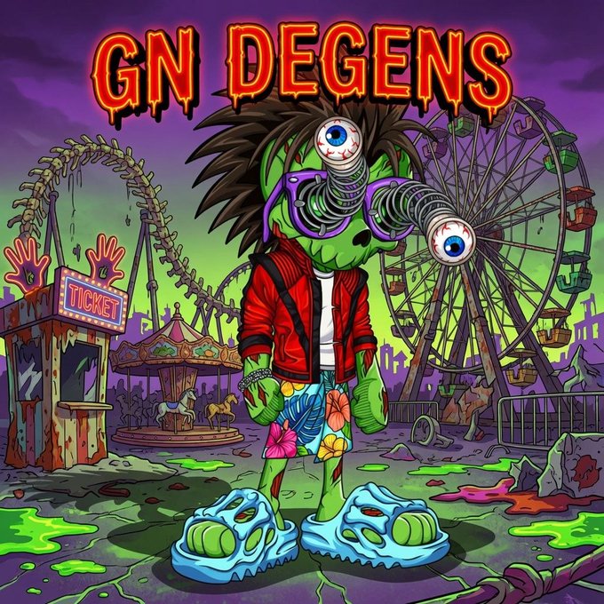A colorful cartoon illustration with 'GN DEGENS' text, depicting a green zombie-like character with exaggerated googly eyes wearing a red jacket, floral shorts, and blue slippers, standing in front of a spooky abandoned amusement park with a Ferris wheel and ticket booth.