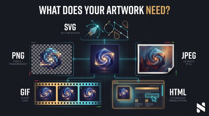 An infographic titled 'WHAT DOES YOUR ARTWORK NEED?' displaying a central swirl graphic surrounded by file format icons including SVG (Vector Shapes), PNG (Pixels & Transparency), JPEG (Detailed Still), GIF (Short Loop), and HTML (Interactive Presentation).