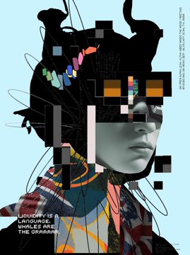 A stylized digital artwork of a woman's profile with glitch effects and pixelated blocks, accompanied by vertical text and a quote at the bottom reading 'LANGUAGE IS THE SOFTWARE OF THE ORGANISATION'.