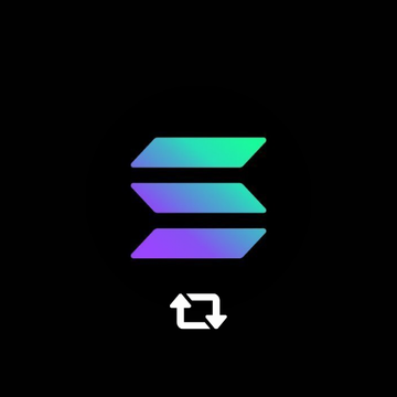 The image displays the Solana (SOL) logo, featuring its distinctive stacked parallelogram design in teal and purple gradient colors, positioned above a small exchange or swap icon on a black background, visually representing the $SOL token referenced in the post comparing it to $SUI for 50x potential.