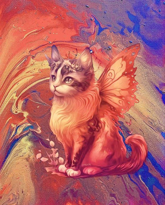 A colorful painting features a gray tabby cat with butterfly wings sitting against a swirling, marbled background of orange, pink, and blue hues.