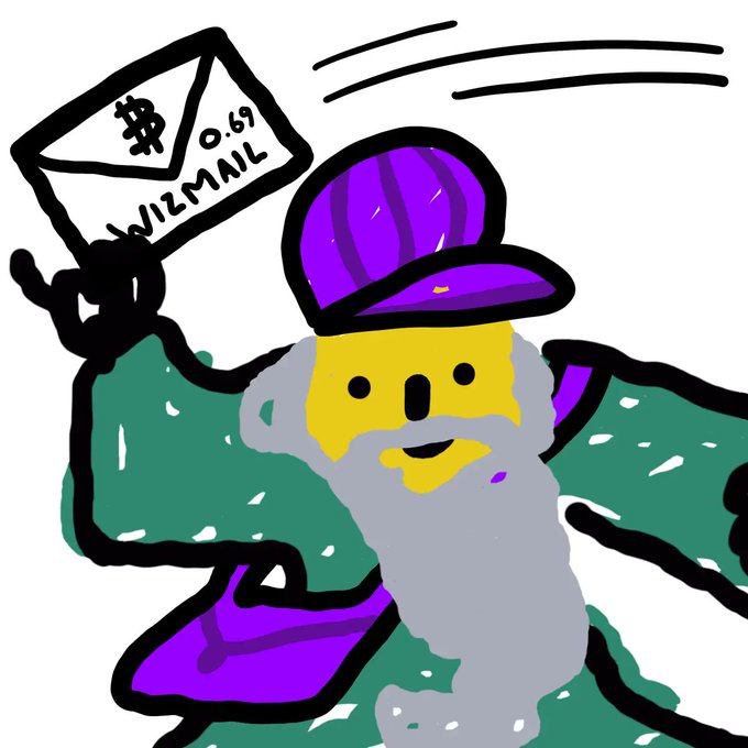 A crude cartoon drawing of a character with a gray beard, yellow face, and purple hat holding an envelope labeled 'WIZMAIL' with a dollar sign.