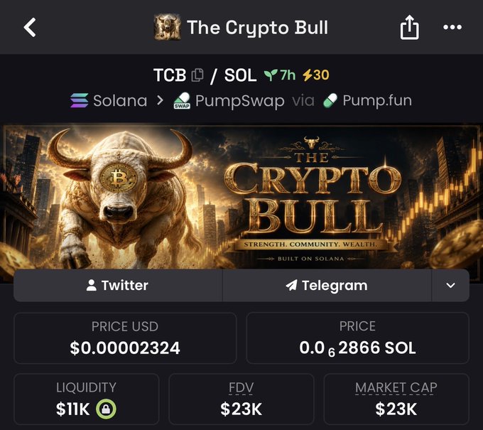The image shows a cryptocurrency token page for "The Crypto Bull" (TCB) on Solana via PumpSwap/Pump.fun, displaying a price of $0.00002324 USD (0.0₆2866 SOL), $11K liquidity, and $23K FDV/Market Cap. This relates to the post promoting the $TCB token contract address as part of a giveaway campaign asking users to drop Solana wallets and retweet for a chance at a prize.