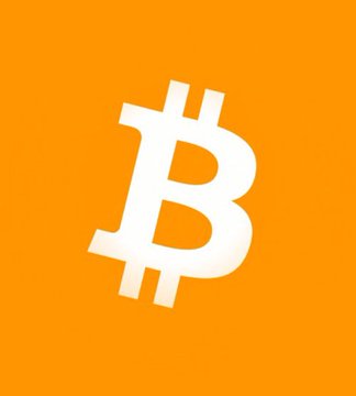 The Bitcoin logo, a stylized white 'B' with two vertical strokes, displayed on a bright orange background.