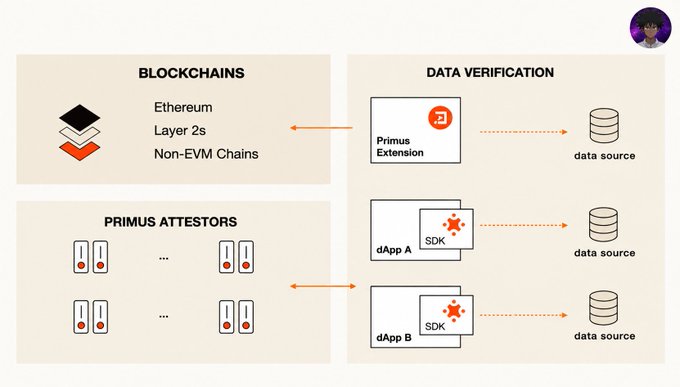 A diagram illustrates the Primus verification system architecture, showing Blockchains (Ethereum, Layer 2s, Non-EVM Chains) connecting to Primus Attestors via a Primus Extension and dApp SDKs for data verification across multiple data sources.