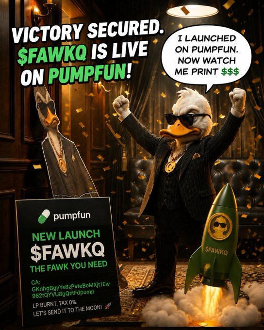 A meme-style image features a duck in a pinstripe suit with sunglasses celebrating next to a rocket, with text reading 'VICTORY SECURED. $FAWKQ IS LIVE ON PUMPFUN!' and a speech bubble saying 'I LAUNCHED ON PUMPFUN. NOW WATCH ME PRINT $$$'.