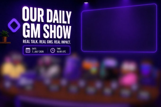 A promotional graphic for 'OUR DAILY GM SHOW' with tagline 'REAL TALK. REAL GMS. REAL IMPACT.' scheduled for 7 July 2026 at 16:00 UTC, set against a neon purple background.