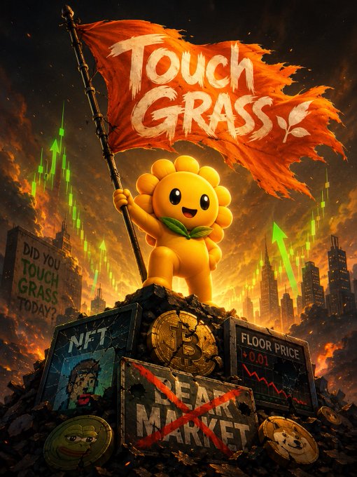 A digital illustration showing a cartoon sunflower character triumphantly holding an orange flag that reads 'TOUCH GRASS' while standing atop a pile of crypto-related debris including a Bitcoin emblem, an 'NFT' tile, a 'BEAR MARKET' sign crossed out, and a 'FLOOR PRICE -0.01' chart against a fiery apocalyptic cityscape with green candlestick arrows.